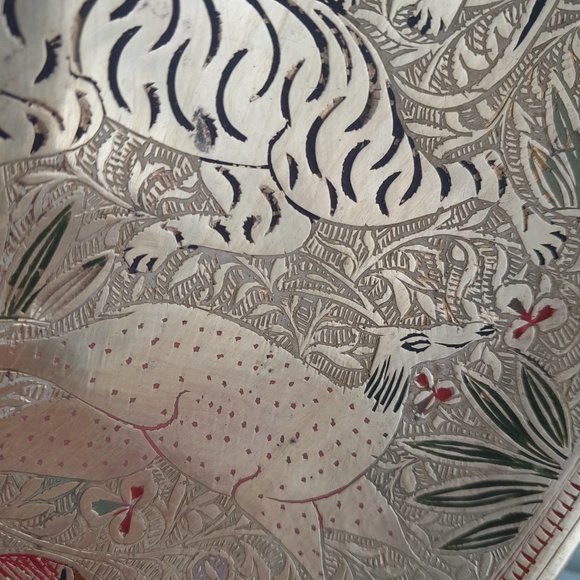 Etched Brass Bowl Colored- Tigers Elephants- wall hanging 10 inch - Picture 6 of 11